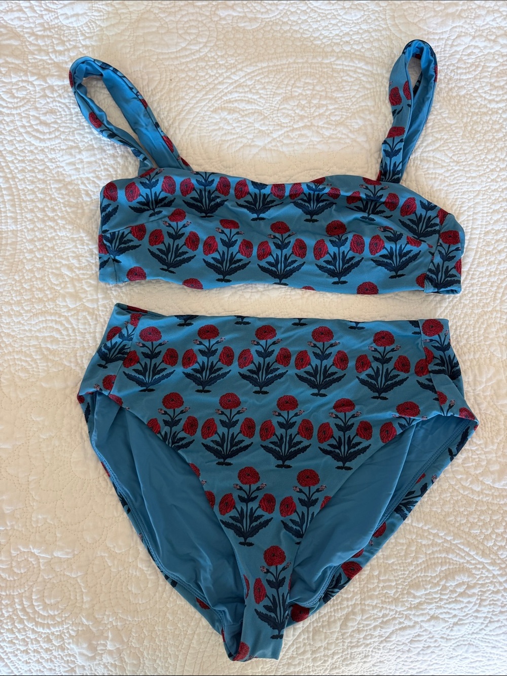 Andie Swim Blue Two-Piece Bikini with Red Floral Print